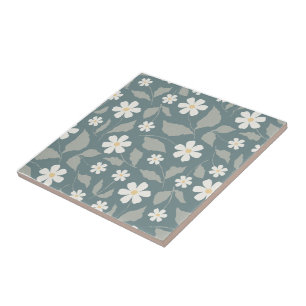 Cottagecore Teal, Sage, & White Daisy Floral Tile