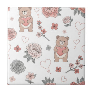 Cottagecore Teddy Bears and Dusty Pink Flowers Tile