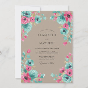 Cottagecore Turquoise Magenta Painted Wedding Invitation