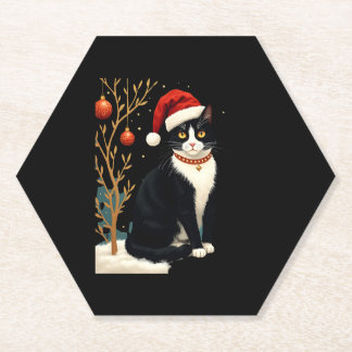 Cottagecore Tuxedo Cat Funny Xmas Aesthetic Santa  Paper Coaster