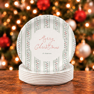 Cottagecore Watercolor Holly Stripe Christmas Paper Plate