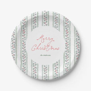 Cottagecore Watercolor Holly Stripe Christmas Paper Plate