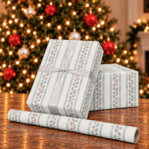 Cottagecore Watercolor Holly Stripe Christmas Wrapping Paper
