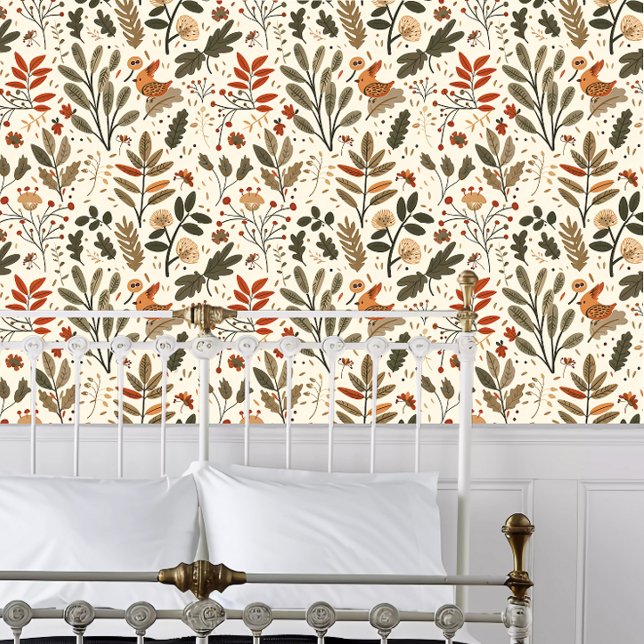 Cottagecore Whimsical Floral Wallpaper (Cottagecore Whimsical Floral Wallpaper behind a white metal bed frame. )