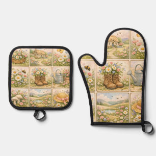 Cottagecore Wildflower Garden Patchwork Oven Mitt & Pot Holder Set