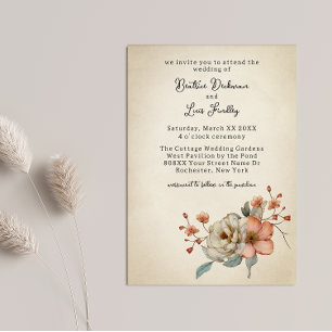 Cottagecore Wildflowers on Faded Parchment Wedding Invitation