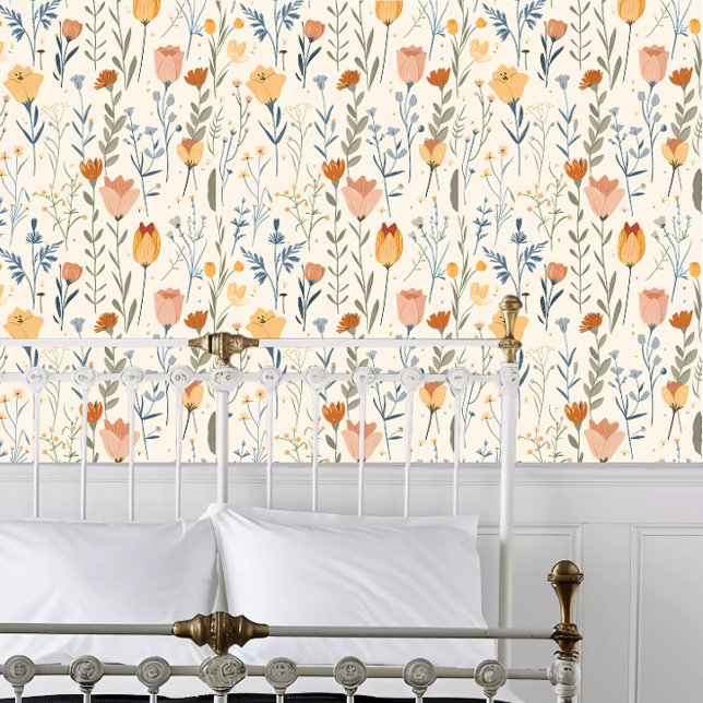 Cottagecore Wildflowers Wallpaper (Cottagecore Wildflowers Wallpaper behind a white metal bed frame. )