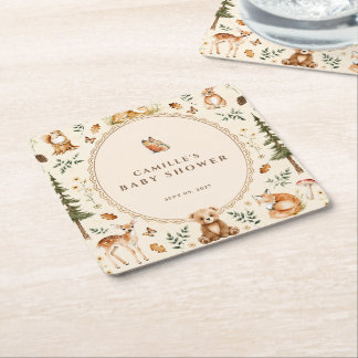 Cottagecore Woodland Baby Shower Invitation Forest Square Paper Coaster