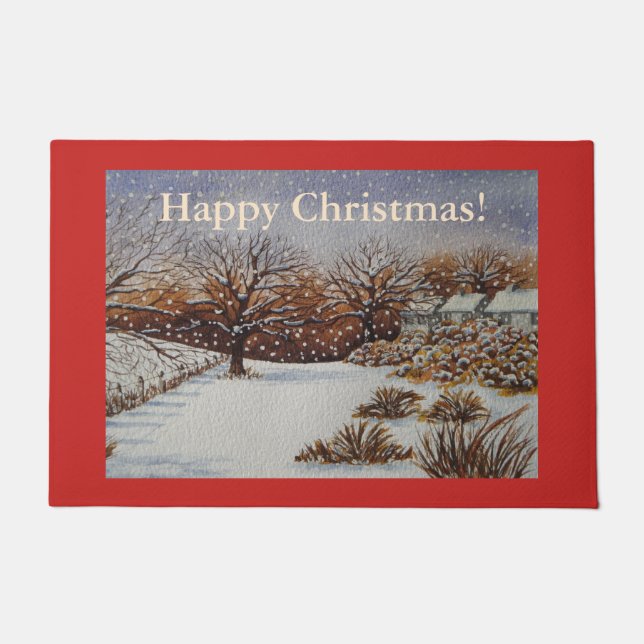 cottages winter landscape snow scene christmas doormat (Front)