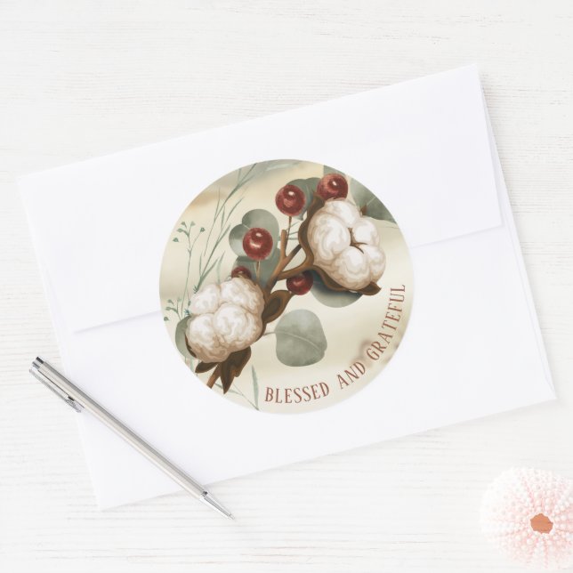 Cotton Boll Plant Elegant Classic Round Sticker (Envelope)