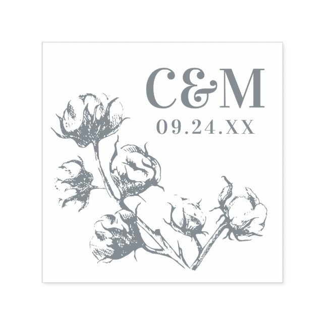 Cotton Boll Plant Wedding Save the Date Monogram Self-inking Stamp (Design)