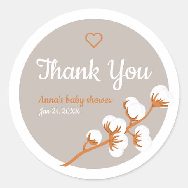Cotton Branch Baby Shower  Classic Round Sticker (Front)