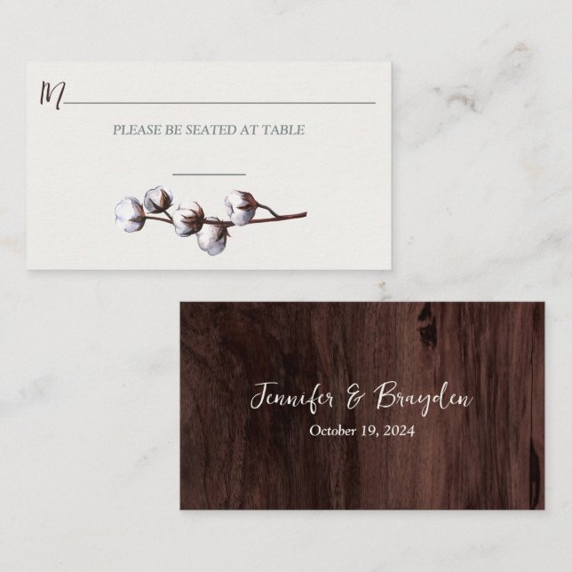 Cotton Branch, Woodgrain Wedding Place Card (Front/Back)