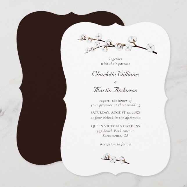 Cotton Branches Watercolor Wedding Invitation (Front/Back)