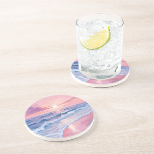 Cotton Candy Beach Pink Ocean Waves Painting Coaster