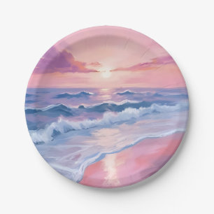 Cotton Candy Beach Pink Ocean Waves Painting Paper Plate