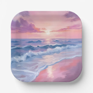 Cotton Candy Beach   Pink Ocean Waves Painting Paper Plate