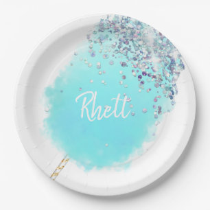 Cotton candy cute blue and silver glitter paper plate