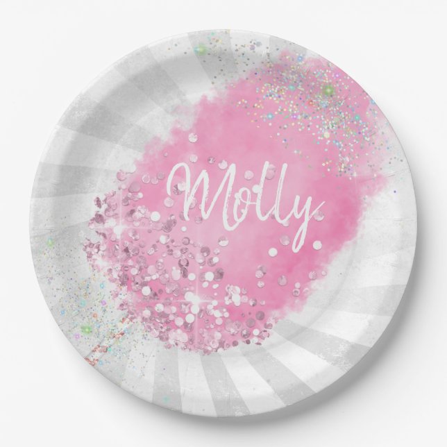 Cotton candy glitter cute pink girly paper plate (Front)