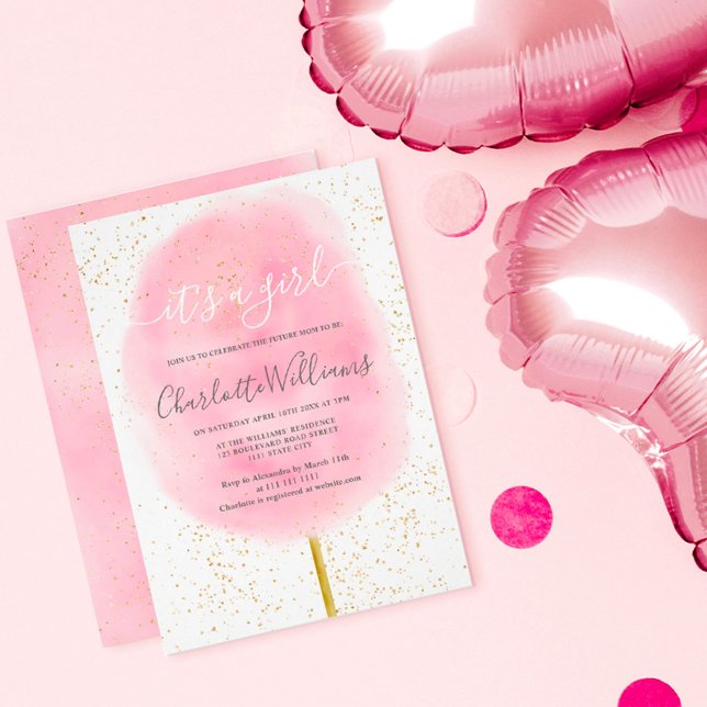 Cotton candy glitter pink watercolor baby shower invitation (Creator Uploaded)