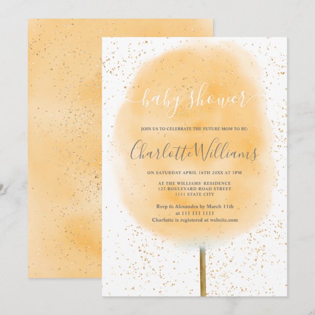 Cotton candy glitter yellow watercolor baby shower invitation (Front/Back)