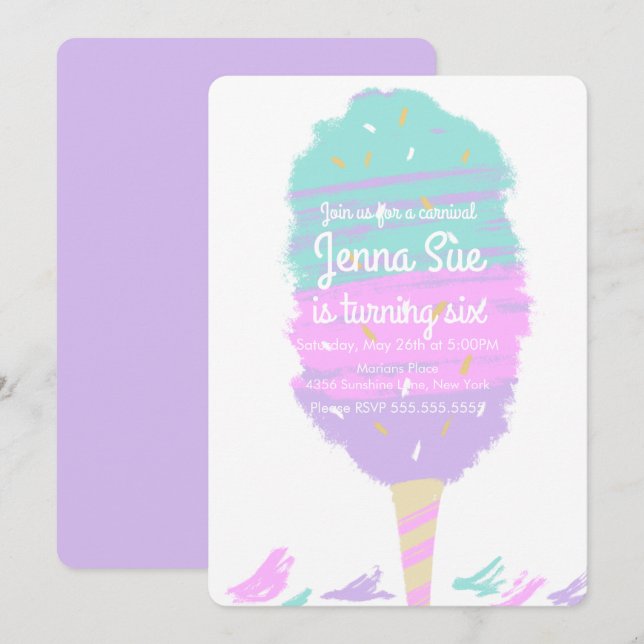 Cotton Candy Hand Drawn Carnival Birthday Invitation (Front/Back)