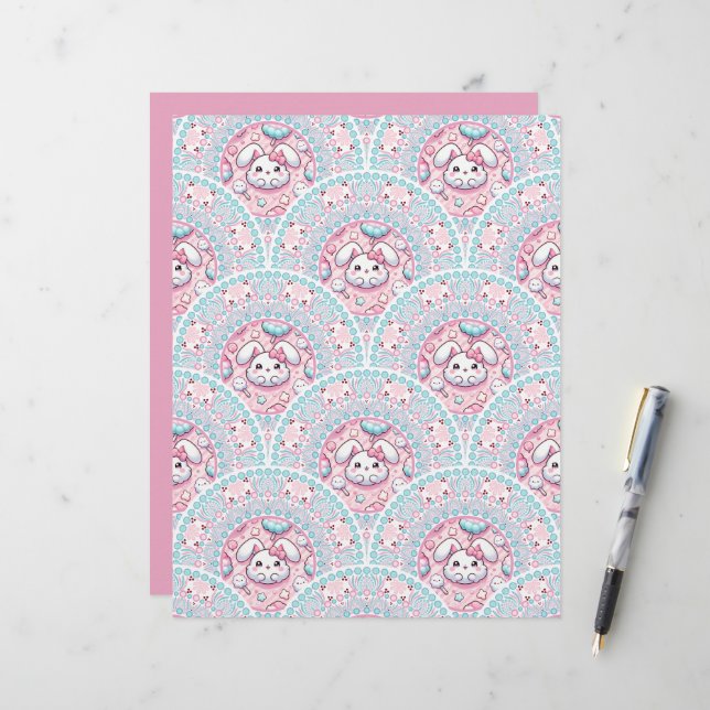 Cotton Candy Kawaii Bunny Mandala Art Deco Paper (Front/Back In Situ)