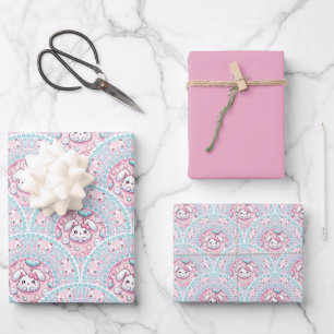 Cotton Candy Kawaii Bunny Mandala Art Deco Scallop Wrapping Paper Sheet