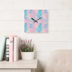 Cotton Candy Monstera Palm Jungle 1 Square Wall Clock