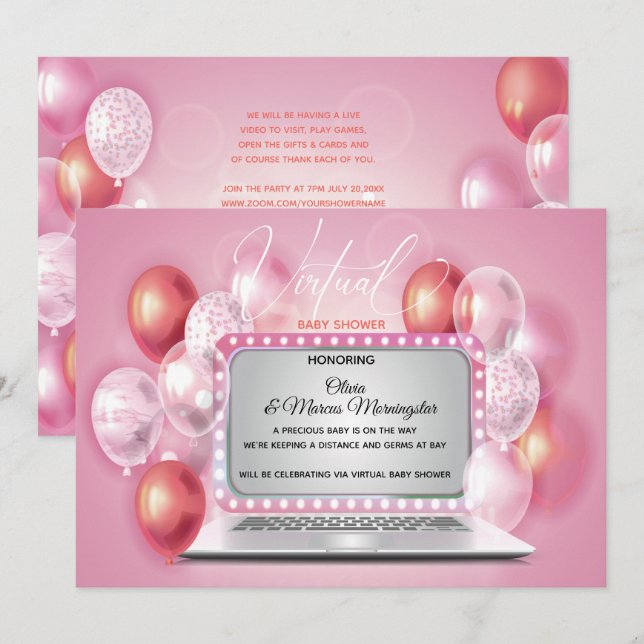 Cotton Candy Pink Laptop Virtual Baby Girl Shower Invitation (Front/Back)
