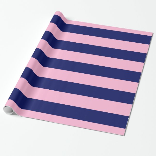 Cotton Candy Pink, Navy Blue XL Stripes Pattern V Wrapping Paper (Unrolled)
