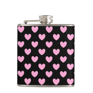 Cotton Candy Pink polka hearts on black Hip Flask