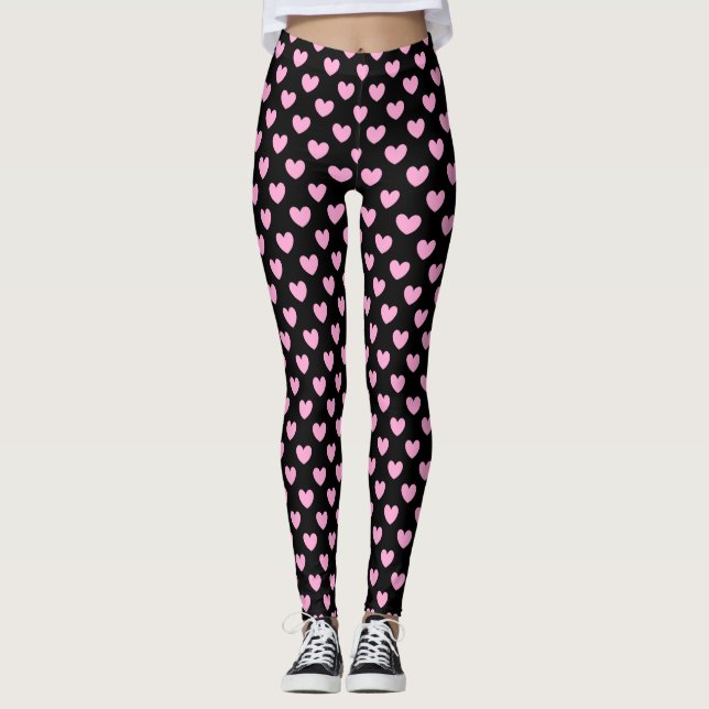 Cotton Candy Pink polka hearts on black Leggings (Front)