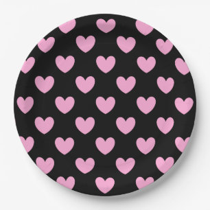 Cotton Candy Pink polka hearts on black Paper Plate