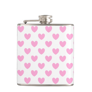 Cotton Candy Pink polka hearts on white Hip Flask