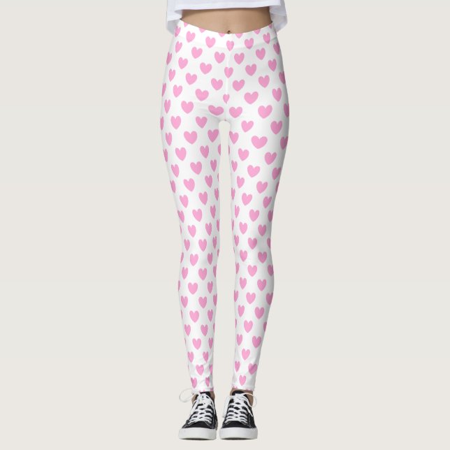 Cotton Candy Pink polka hearts on white Leggings (Front)