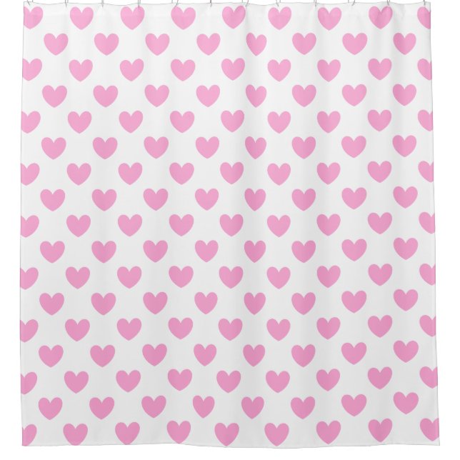 Cotton Candy Pink polka hearts on white Shower Curtain (Front)