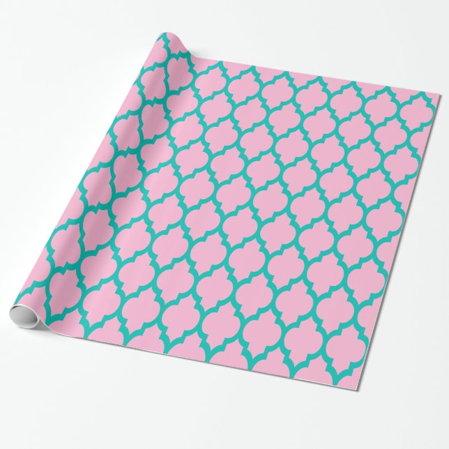 Cotton Candy Pink, Teal XL Moroccan Quatrefoil #4 Wrapping Paper (Unrolled)