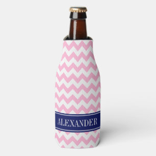 Cotton Candy Pink White Chevron Navy Name Monogram Bottle Cooler