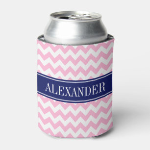 Cotton Candy Pink White Chevron Navy Name Monogram Can Cooler