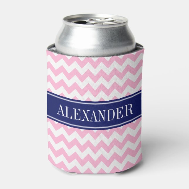 Cotton Candy Pink White Chevron Navy Name Monogram Can Cooler (Can Front)