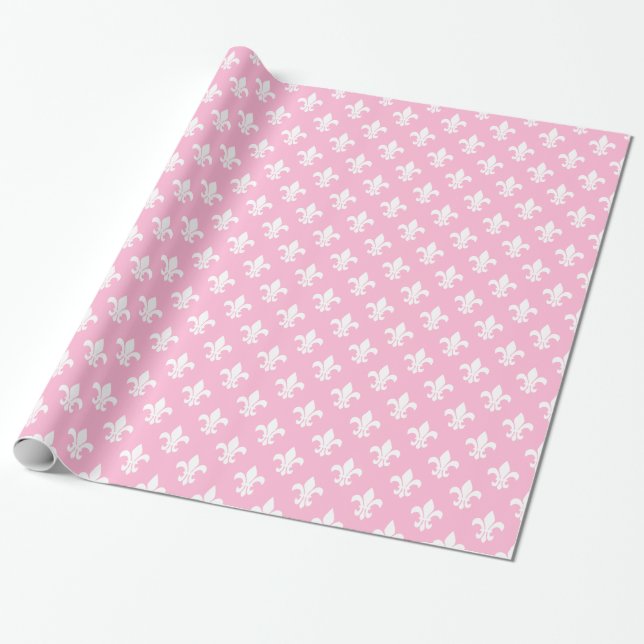 Cotton Candy Pink White Fleur de Lis Pattern Wrapping Paper (Unrolled)