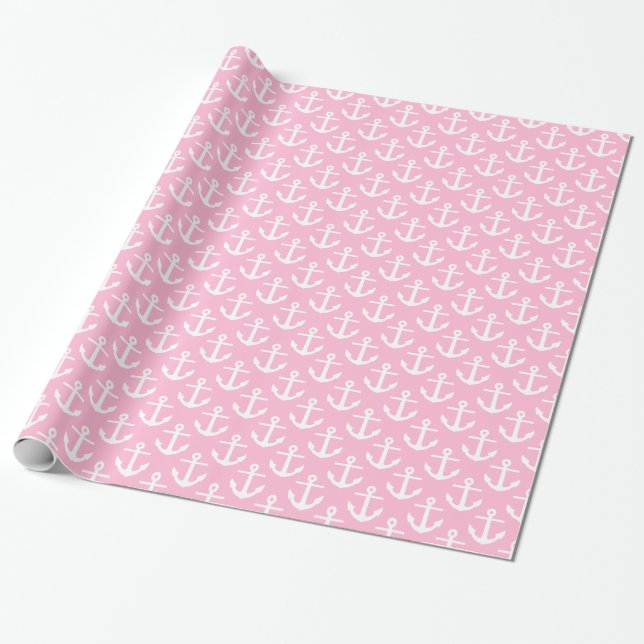 Cotton Candy Pink White Nautical Anchors Pattern Wrapping Paper (Unrolled)