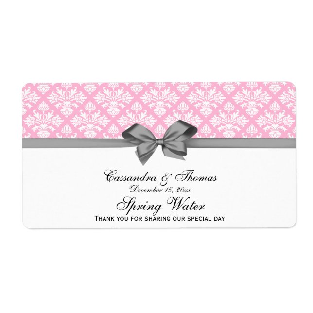 Cotton Candy Pink Wht Damask Water Label Grey Bow (Front)