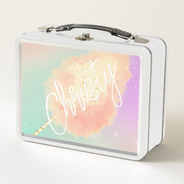 Cotton candy star dust peach teal purple pastel metal lunch box (Front)