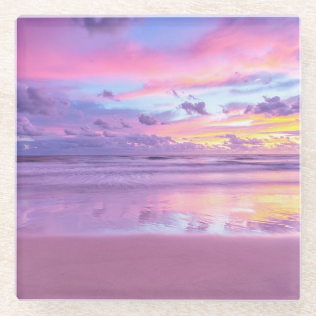 Cotton candy sunrise: beach view. glass coaster (Front)