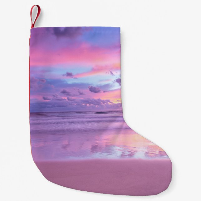 Cotton candy sunrise: beach view. small christmas stocking (Front)