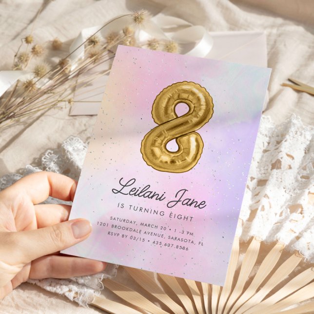 Cotton Candy Watercolor Girls 8th Birthday Balloon Invitation (Creator Uploaded)