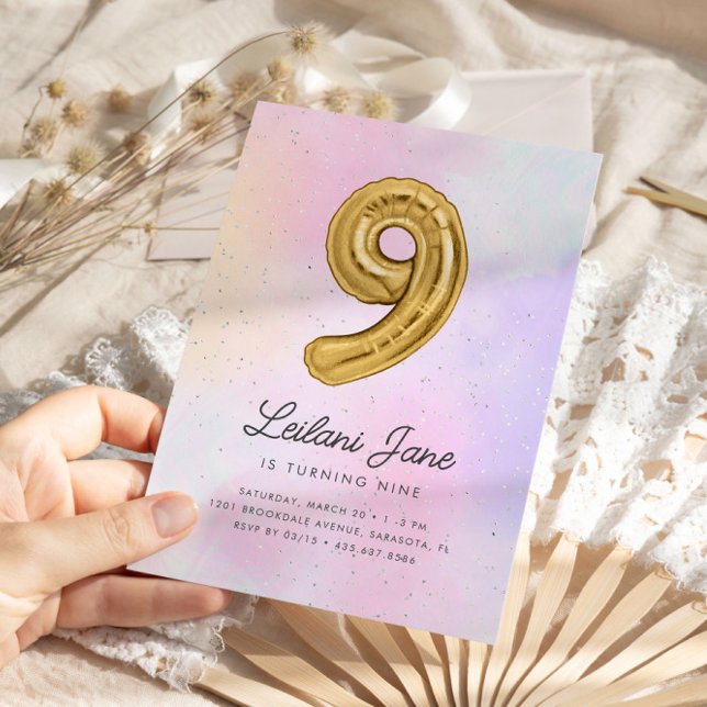 Cotton Candy Watercolor Girls 9th Birthday Balloon Invitation (Creator Uploaded)