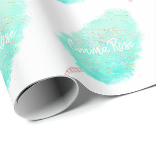 Cotton candy watercolor glitter cute teal gold  wrapping paper